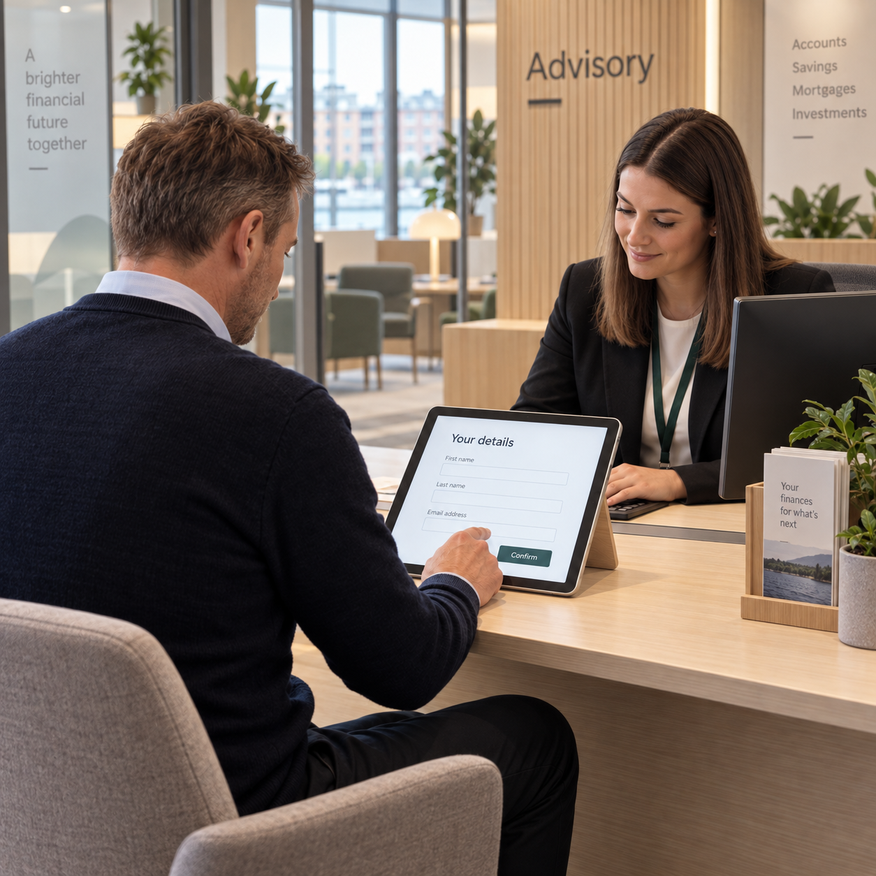 Bank customer entering details on a customer-facing touchscreen while an adviser assists