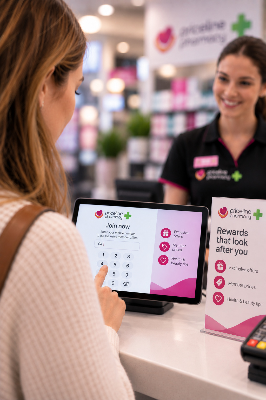 Customer completing membership registration directly on the checkout touchscreen at a Priceline Pharmacy