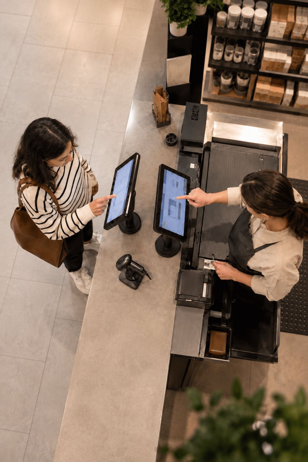 Overhead view of a customer and employee using separate ID24 touchscreens at a checkout counter