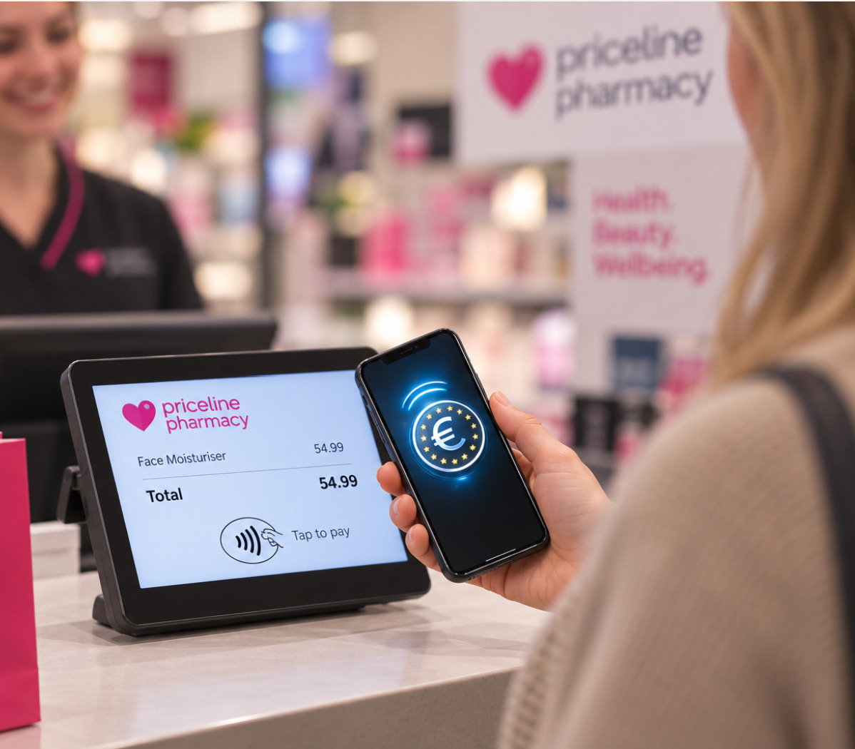 Customer holding a phone beside a customer-facing payment display at Priceline Pharmacy